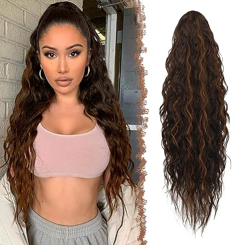 FESHFEN Ponytail Cheveux Naturel Cordon Ponytails Extension Longue Bouclée Ondulée Postiche Queue de Cheval Extension Synthétique Rajout Cheveux pour Femmes 65 cm, Brun foncé et brun roux clair