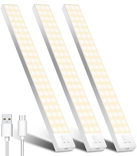 OUILA Armadio Luce con Sensore di Movimento - 4 Modalità Led, Sottopensile, Luce Notturna USB Ricaricabile - Striscia Led con Sensore per Cucina (Luce Calda-3000K, 32cm*3 Pezzi)