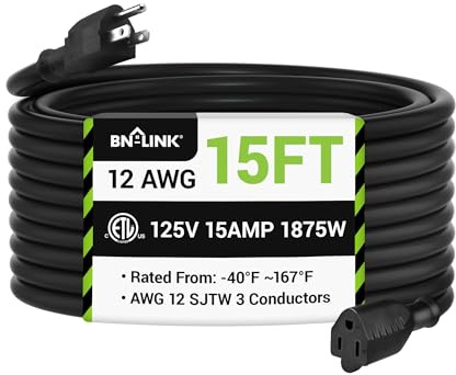 BN-LINK 15ft Outdoor Extension Cord, 15amps,12/3 SJTW Heavy Duty Power Cord, 3-Prong Grounded Plug, Weather Resistant, 1875W, Black, for Lawn, Garden, Appliances, ETL Listed