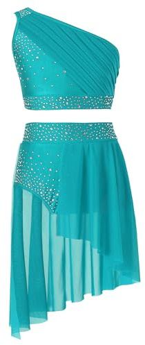 Runhomal Justaucorps Gymnastique pour Enfant Fille Ensemble Danse Jazz Strass Brillant Crop Top Tenue et Jupe Danse Latine Ballet Spectacle 5-16 Ans Vert 9-10 Ans