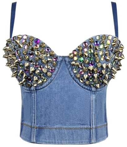 xinrishe Reggiseno Da Donna Con Strass E Borchie In Denim Bustier Corto Top Con Camicetta Top Sexy Con Cinturino Per Spaghetti Senza Maniche Con Corsetto Jean (Color : Gold, Size : L)