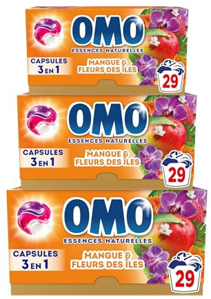 OMO - Lessive liquide en capsules 3 en 1 En Mangue d'Évasion - 87 lavages - Mangue et Fleurs des îles - propreté éclatante & parfum longue durée aux essences naturelles (lot de 3x29)