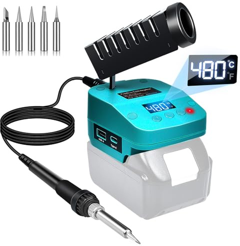 GZYZ Akku Lötkolben Set kompatibel mit Makita 18V Akku, tragbarer Lötkolben mit USB und Typ-C, einstellbarer Temperaturbereich 180 °C–480 °C für Heimwerkerarbeiten, Elektroarbeiten (Ohne Akku)