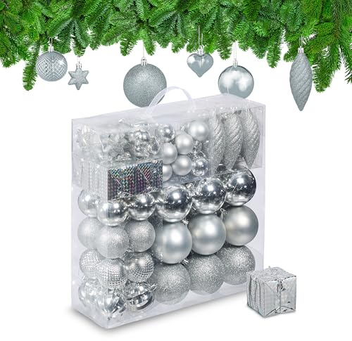 Relaxdays Weihnachtskugeln 110er Set, Kunststoff, Weihnachtsbaumdeko mit Kugeln & Lametta, Christbaumschmuck, Silber