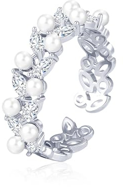 QUKE Silver Plated Open Ring Cubic Zirconia Crystal Simulated Pearls Adjustable Rings Thumb Rings for Women Girls