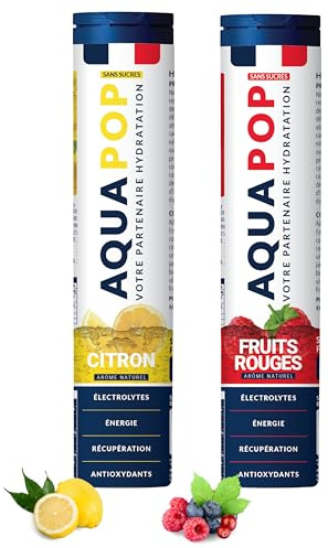 AQUAPOP - Pastilles électrolytes - Pack de 2 (Citron et Fruits Rouge) - Sans Sucres - Favorise l'hydratation et l'énergie - 20 Comprimés Minéraux et Vitamines - Sport & Bien-être - 2 Pack