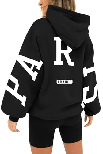 HUIFUAO London huvtröjor för kvinnor Storbritannien överdimensionerade New York Paris California sweatshirts rolig rygg brev tryck pullover med ficka trendiga långärmade toppar streetwear, A03 Svart