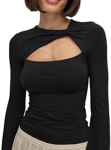 Sukiglam T-Shirts à Manches Longues Femme Chic et Elegant Cut Out T-Shirt à Manches Cloche avec Nœud Décoratif Sexy Y2K Top Slim Fit Chemisiers Basiques Haut Couleur Unie Casual Blouse Streetwear