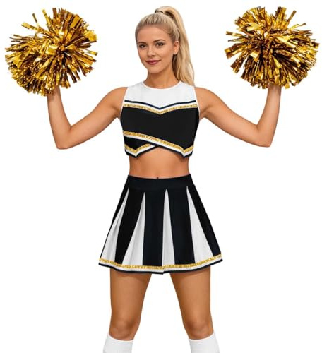 Costume de pom-pom girl pour femme - Sans manches - Haut et jupe avec pompons - Tenue de performance - Uniforme - Robe de danse - Carnaval, O Noir., L