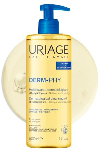 Uriage Derm-Phy Shower Oil 500mL - Face & Body Wash - Dry & Sensitive Skin - Cleanses, Nourishes, Prevents Dryness - 25% Glycerin & Extra-Rich Agents - Physiological pH - Soap-Free