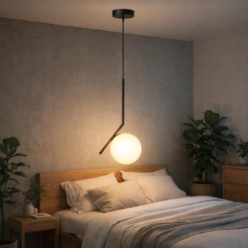 BARCELONA LED Pendellampa Glaskula Svart E27, Metallisk Lampkropp i Aluminium med Opal Glasskärm, Nordisk Modern Japansk Industriell och Klassisk Taklampa för Vardagsrum och Kök