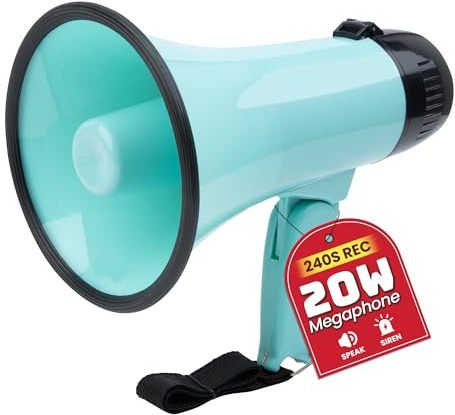 MyMealivos 20W Megaphone Bullhorn, Built in Siren & 240s Recording, 5.4×8.6 Portable Megaphone with Volume Control Cover Up to 300 feet+ for Indoor and Outdoor Activities(Teal)
