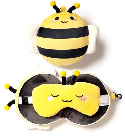 Relaxeazzz Adorabugs Bee Round Plush Travel Pillow & Eye Mask - Sleep Eye Mask Masks - Kids Travel Accessories for Sleeping Airplane - Flight Plane Neck Pillow Pillows