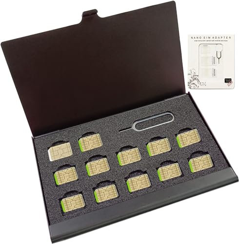 JAKENHAM Aluminum SIM Card Case, 12 Slots Ultrathin Nano SIM Card Holder with Adapter Kit for Travelers