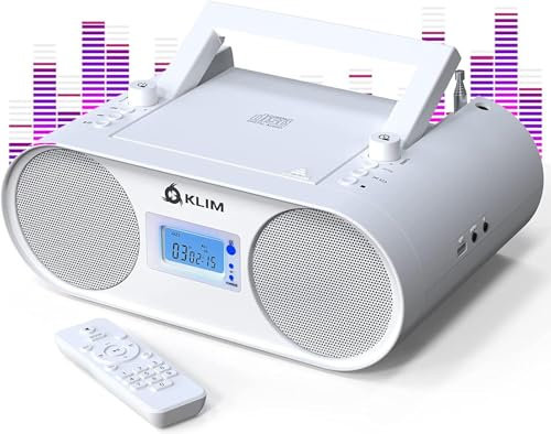 KLIM Boombox B4 - Reproductor CD portátil con Radio FM y batería Recargable - Nuevo -Bluetooth, MP3, AUX, FM/Am, CD, USB - Radio CD portátil con Mando y función de autoapagado CD Player Blanco