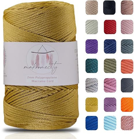 Makromecity makramégarn 2 mm x 230 m, premium polyester, makramérep, polypropen, garn för hantverk, hemdekorationer, bordstabletter, axelväska, handväska, löpare, nappkedja 20 färger (senap)