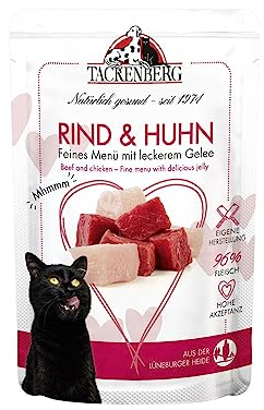 TACKENBERG Katzenfutter Rind und Huhn, Nassfutter für Katzen - 24x85 g - Hochwertiges Katzennassfutter für eine ausgewogene Ernährung in Premiumqualität - ohne Zuckerzusatz, 24x85 g
