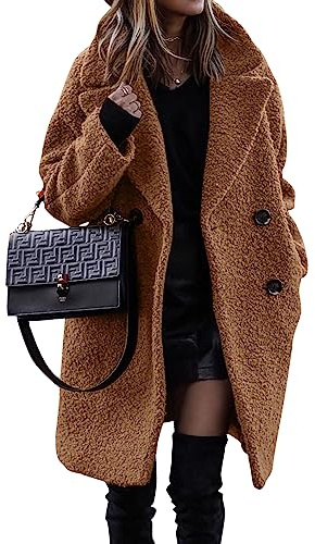 BTFBM Women Winter Faux Fur Coats 2026 Lapel Long Sleeve Fuzzy Fleece Outerwear Button Down Sherpa Jackets Fall Outfits(Golden Camel, X-Large)