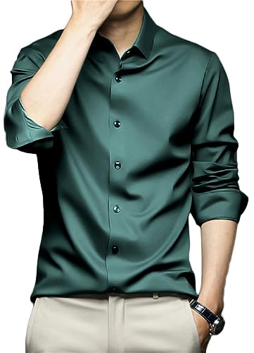 Générique Chemise Extensible Infroissable à Manches Longues Boutonnée pour Homme Chemise à Rayures Décontractée Mode Chemise Col Mao Soie Satin Repassage Facile Casual Business Mariage