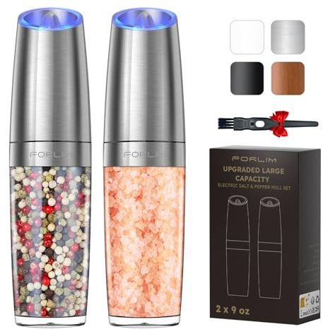 FORLIM Macinasale elettrico e macinapepe, capacità 9 Oz, aggiornamento automatico a batteria con una mano a gravità, irregolarità regolabile, con luce LED, 2 pezzi, acciaio inox (argento)