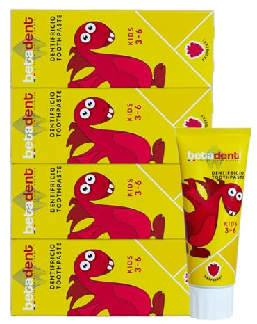 Betadent KIT 4 DENTIFRICIO KIDS per bambini 3-6 anni. Gusto Lampone. Azione anti placca e anti carie. Equilibrato dosaggio di Sali di Fluoro alla concentrazione di 430 ppm F. 4X75ml