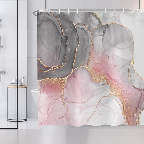 ASDCXZ Marmor Duschvorhang 180x200 cm, Modern Abstrakt Grey Weiß Rose Gold Marmor Optik Textur Bunt Bad Waschbar Duschvorhänge Polyester Textil Wasserdicht Badevorhang für Badewanne mit 12 Haken