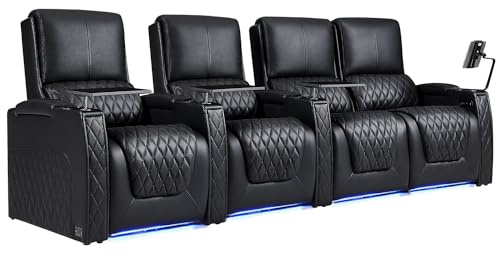 Weilianda Astronaut Zero Gravity Home Theater Seating Top Grain Leather Recliner Sofa Power Headrest Footrest with Carbon Fiber Tray Table, Tablet Stand, Cup Holders Row of 4 Loveseat Right Black