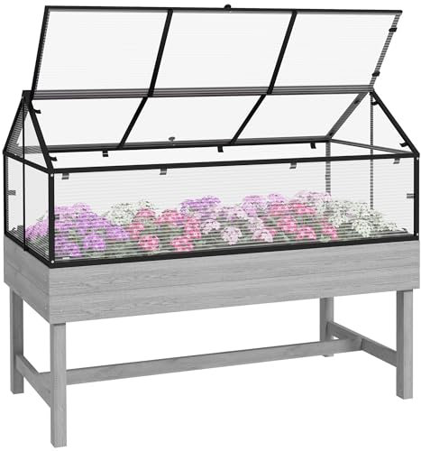 Outsunny Raised Garden Bed with Cold Frame Greenhouse, Elevated Wood Planter Box with Polycarbonate Panel and Top Vent for Vegetables, Flowers, Herbs, 120 x 60 x 103cm, Distressed Grey