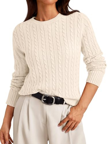 LILLUSORY Womens Cable Knit Sweater Early Fall 2026 Fashion Clothes Clothing Outfits Lightweight Ladies Business Casual Old Money Cotton Pullover Tunic Cozy Cute Trendy Teacher Winter Cream M