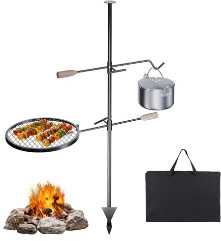 IDZO 360° Swivel Campfire Grill Grate, Adjustable Cooking Equipment, Fire Pit Grill Grate with Hanger Rod, Campfire Cooking Grate, Camping Accessories for Camping & Outdoor BBQ Over Open Fire