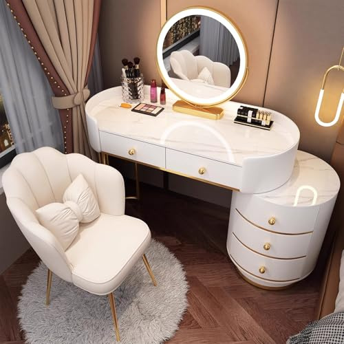 MiaJJooLi Tavolo da trucco con sedie e specchio LED, tavolo da trucco con cassetti, cassettiera cosmetica per camera da letto, contenitore per ragazze