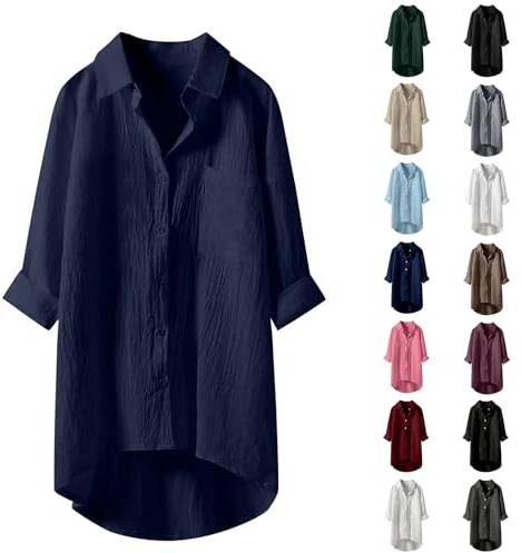 Angxiwan Warehouse Deals Clearance Button Down Shirts for Women UK Lightweight Linen Cotton Blouse with Pocket Casual Loose Fit Long Sleeve Tunic Tops Oversized Late Deals of The Day.