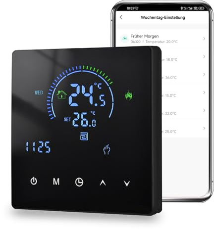 Arpokcoe Thermostat Fussbodenheizung, WiFi Raumthermostat Fußbodenheizung Für Wasser, Thermostate Heizung Kompatibel mit Tuya, Alexa, Google Home, 230V 3A, Schwarz