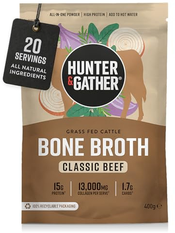 Hunter & Gather Bone Broth Powder | 15g Protein | 13g Collagen | 74 kCal | Grass Fed European Beef | Savoury Drink/Stock Alternative | Supports Healthy Gut, Skin, Hair & Nails | 400g | 20 Servings