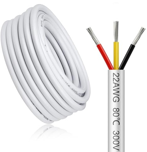 LightingWill 98.4FT/30M 22AWG 3x0.3mm² Electrical Wire 3 Core Cable, White 22 Gauge 5V/12V/24V/240V/300V Low Voltage Flexible Extension Cable, Tinned Copper Wires, High Temperature Resistant