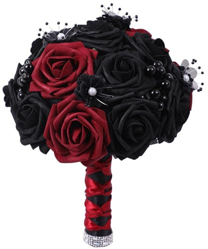 Muzrunq Ramo de Rosas Negras Ramo de Novia gótico Artificial de 9, 8 Pulgadas, Rosas Rojas y Negras para Novia, Dama de Honor, Boda, Compromiso, HOGAR..