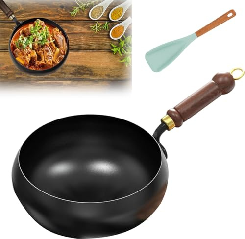 28 cm gjutjärnsgryta med trälock – handsmidd non-stick järnpanna för matlagning med hög värme och simmering – hållbar, mångsidig köksutrustning