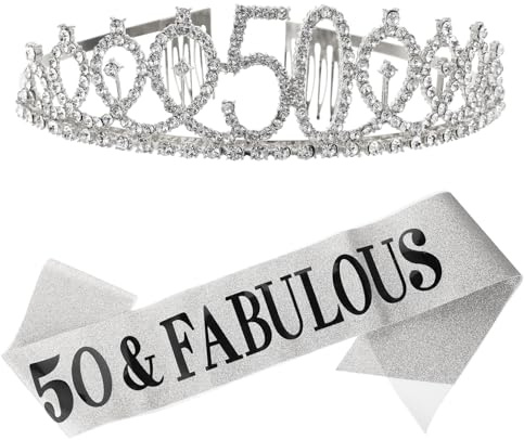 MOTHNUR Couronne D'anniversaire Argentée et Écharpe Pailletée 50 Ans, Coffret Fête Femme 2 Pièces, Accessoires Cheveux Élégants pour Décoration Anniversaire et Célébration