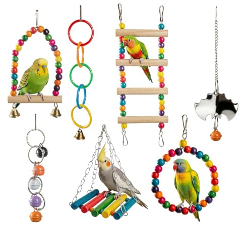 IONEKIUK 7 Pcs Bird Toys for Cage, Bird Cage Accessories Set | Includes swing, ladder, bells, mirror and bridge for budgies, parrots, cockatiels, conures and lovebirds