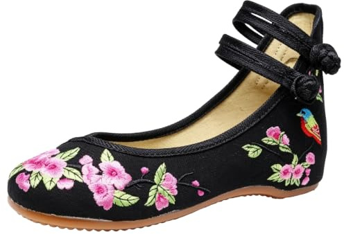 Maimeili kvinnors kinesiska broderade blommiga kilskor asiatisk traditionell Mary Jane Brida balett yoga kanvas skor gummisula