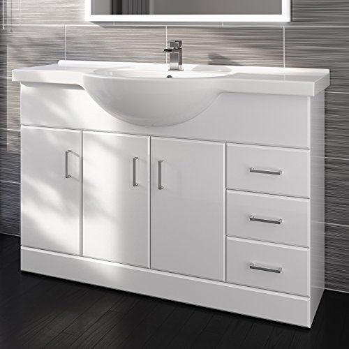 1200mm White Gloss Basin Vanity Unit Sink Cabinet Bathroom Drawer Storage Furniture