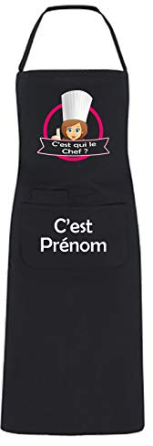 YONACREA - Tablier de Cuisine PERSONNALISABLE - C'est qui le Chef ? Logo Femme - NOIR