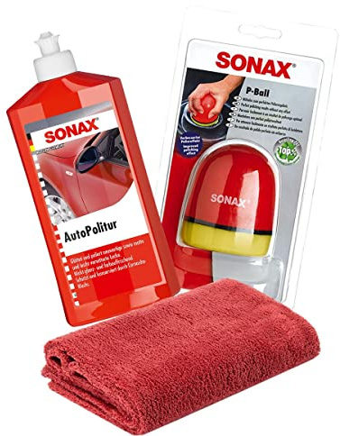 detailmate Sonax Hand Polishing Bundle: Sonax Car Polish for Coloured and Metallic Paints 500 ml + Sonax P-Ball Ergonomic Polishing Ball Edgeless Microfibre Polishing Cloth 550 GSM Red