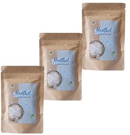 SudoreWell® Cristaux menthol de qualité alimentaire 100 % pure huile de menthe dans un sac en papier kraft (plastique gratuit) 3 x 25 g