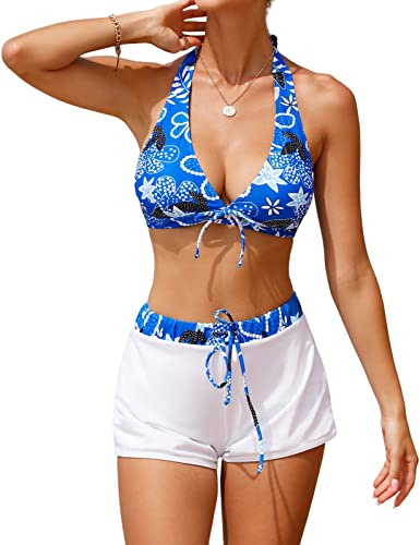RITOSTA Bikinis Mujer Push Up Traje de Baño Bañadores de Conjunto de Sujetador Acolchado Bikini Brasileño Biquini Deportivo Bañador Natacion Mujer Cuello Halter Cuello en V (Azul + Estampado,L)