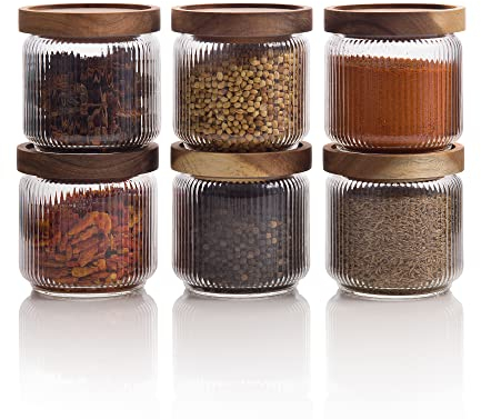 Mason & Fable Ribbed Glass Jar with Wooden Lid 350ml- 6 Pcs | Airtight Ribbed Storage Container for Spice, Tea, Sugar, Coffee, Sweets, Dog Treats, Snacks | Organization Canisters for Home & Kitchen