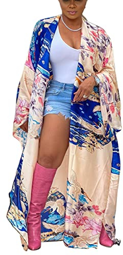 Hostoyo Women Floral Print Open Front Cardigan Maxi Satin Robe Kimono Long Sleeve Casual Outwear Cover Up One Size
