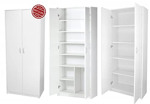 Home Collective Kleiderschrank Mehrzweckschrank mit Soft Close Türdämpfer Regal weiß 74cm breit 180cm hoch mit sechs Einlegeböden und Extra-Fach, Aktenschrank Haushaltsschrank Schrank Holz