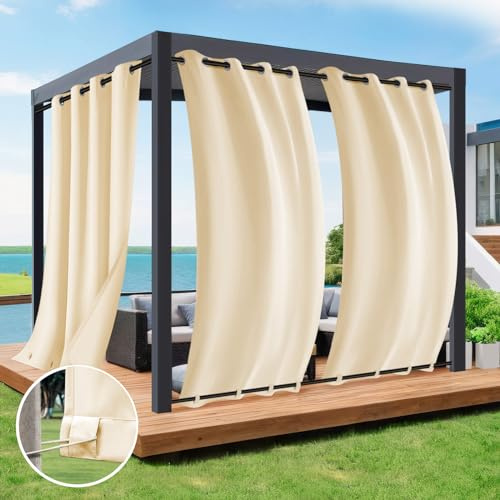 Rosnek Rideau Extérieur Imperméable, Rideaux Occultant avec Corde Thermiques Anti Chaleur Anti UV, Beige Rideau Extérieur avec Onglet en Haut pour Pergola, Gazebo etc L 132 x H 213 cm, Lot de 2