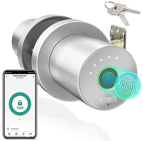 FITNATE Smart Lock Fingerprint Door Knob, Biometric Door Lock Fingerprint Key with App Control, Bluetooth Smart Deadbolt, Touch to Digital Door Lock for Bedroom,Home,Hotel,Office, Silver